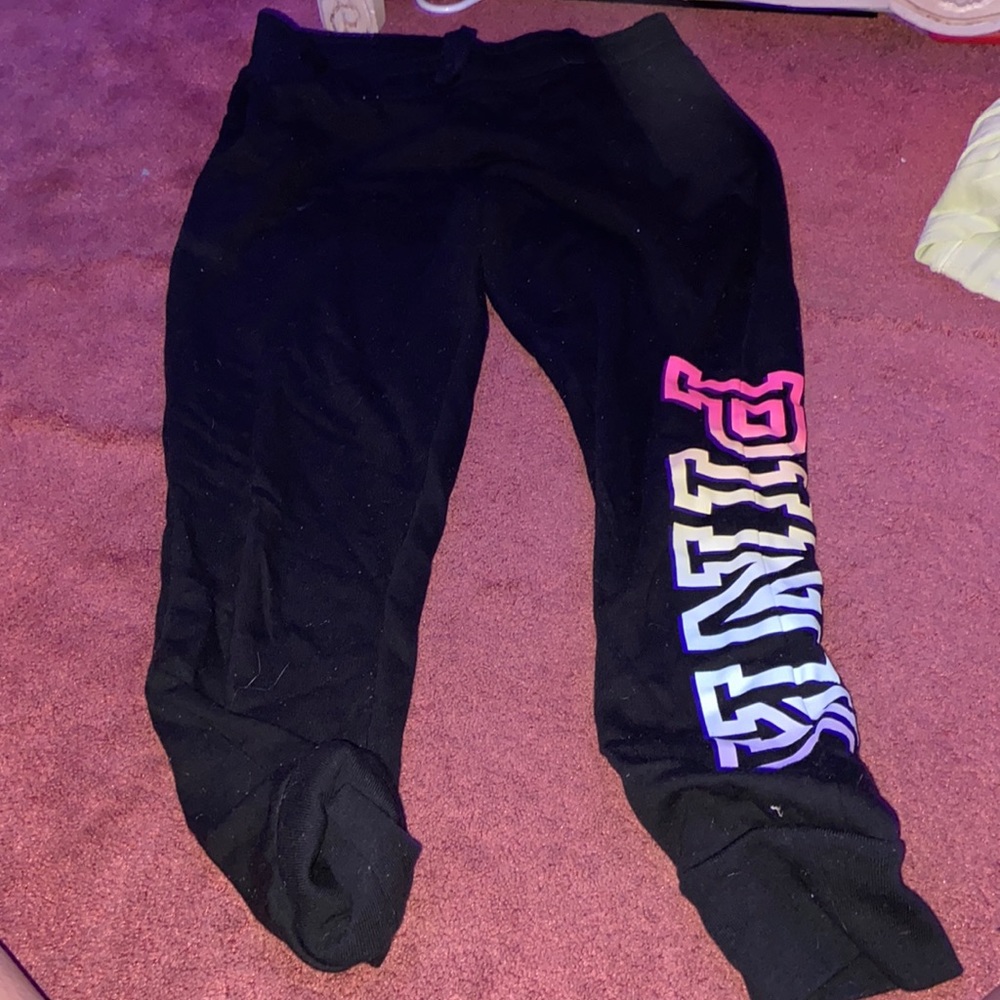 black sweatpants with PINK logo